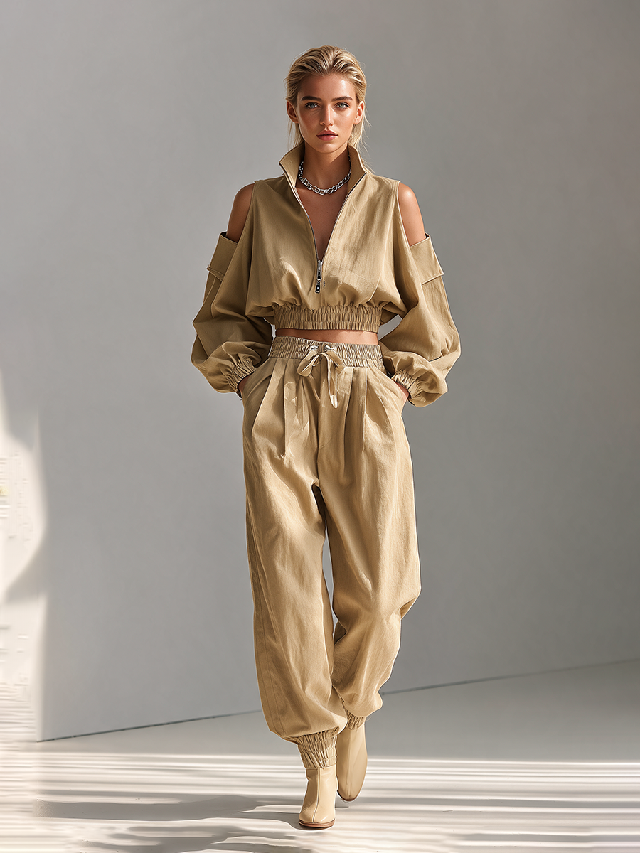 Women's Half-Zip Cold-Shoulder Balloon-Sleeve Cropped Top And Drawstring Cuffed Pants Two-Piece Set MDZ2611H8CMX