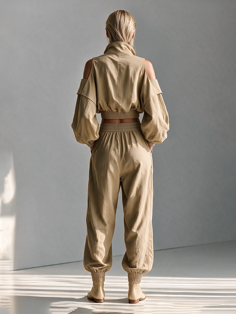 Women's Half-Zip Cold-Shoulder Balloon-Sleeve Cropped Top And Drawstring Cuffed Pants Two-Piece Set MDZ2611H8CMX
