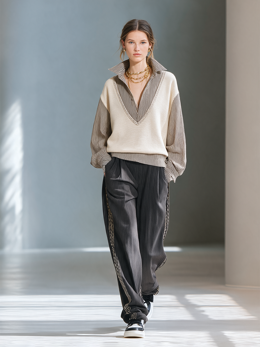Women's Layered Striped-Shirt Knit Lapel Long-Sleeve Top And Striped Wide-Leg Pants Two-Piece Set MDZ2649H0CMX