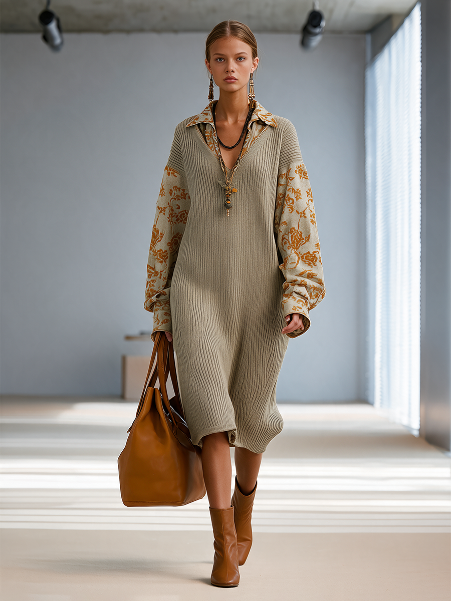 Women's Collared Floral-Panel Drop-Shoulder Balloon-Sleeve Relaxed Knit Midi Dress MDZ2602H8CMX