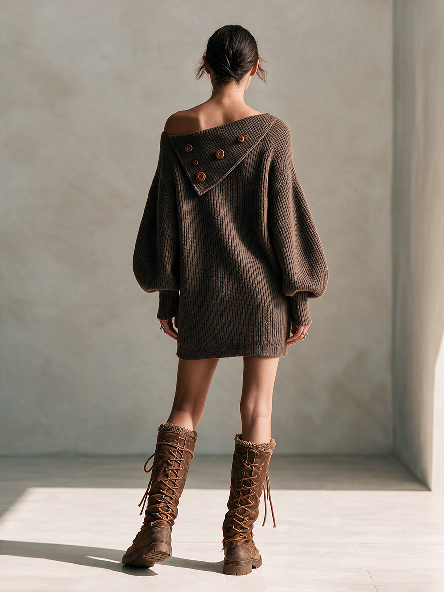 Women's Asymmetric Foldover Wooden-Button Drop-Shoulder Balloon-Sleeve Relaxed Wool-Knit Mini Dress MDZ2634H5CMX