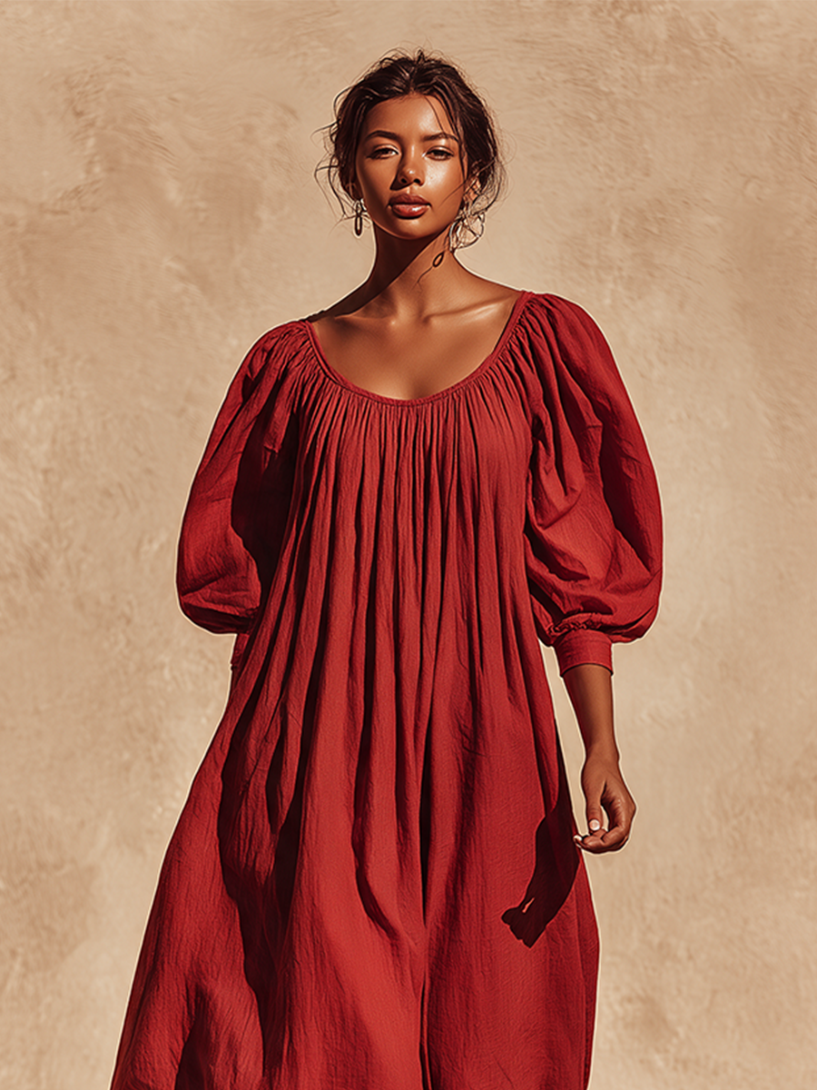 Women's Puff‑Sleeve Linen Vacation Maxi Dress MDZ2604H8LYL