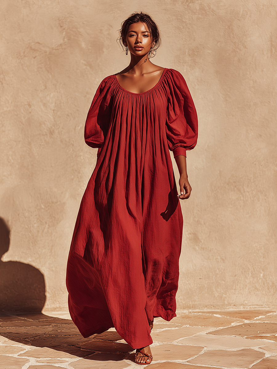 Women's Puff‑Sleeve Linen Vacation Maxi Dress MDZ2604H8LYL