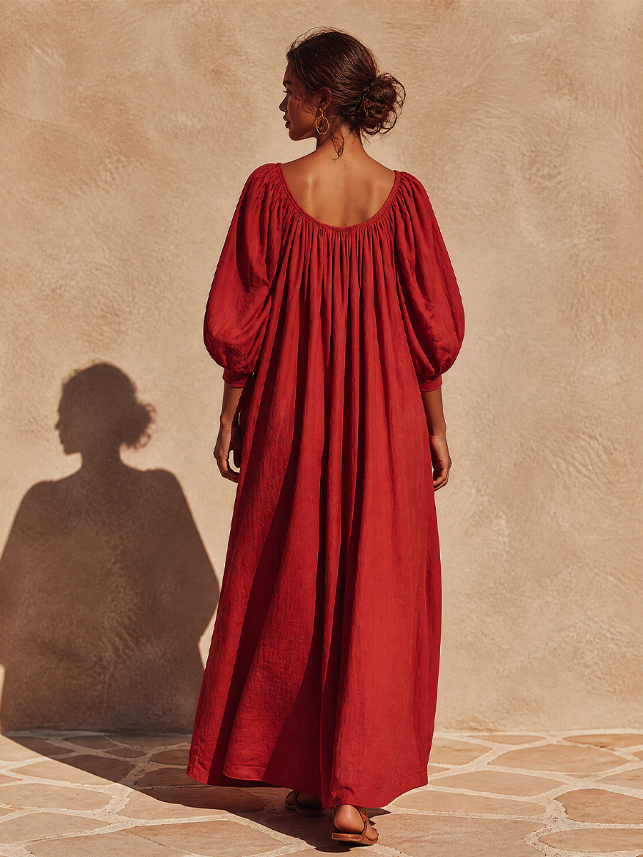 Women's Puff‑Sleeve Linen Vacation Maxi Dress MDZ2604H8LYL