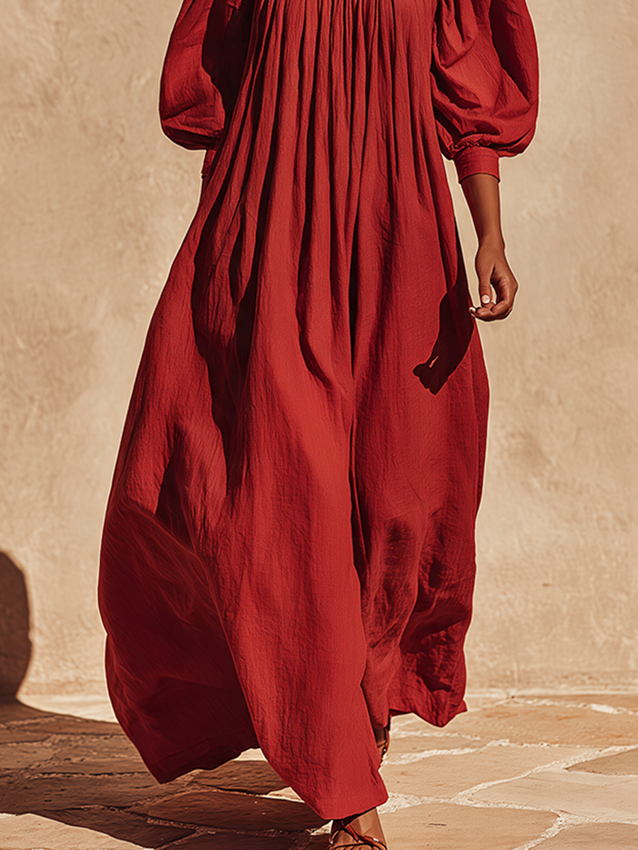 Women's Puff‑Sleeve Linen Vacation Maxi Dress MDZ2604H8LYL