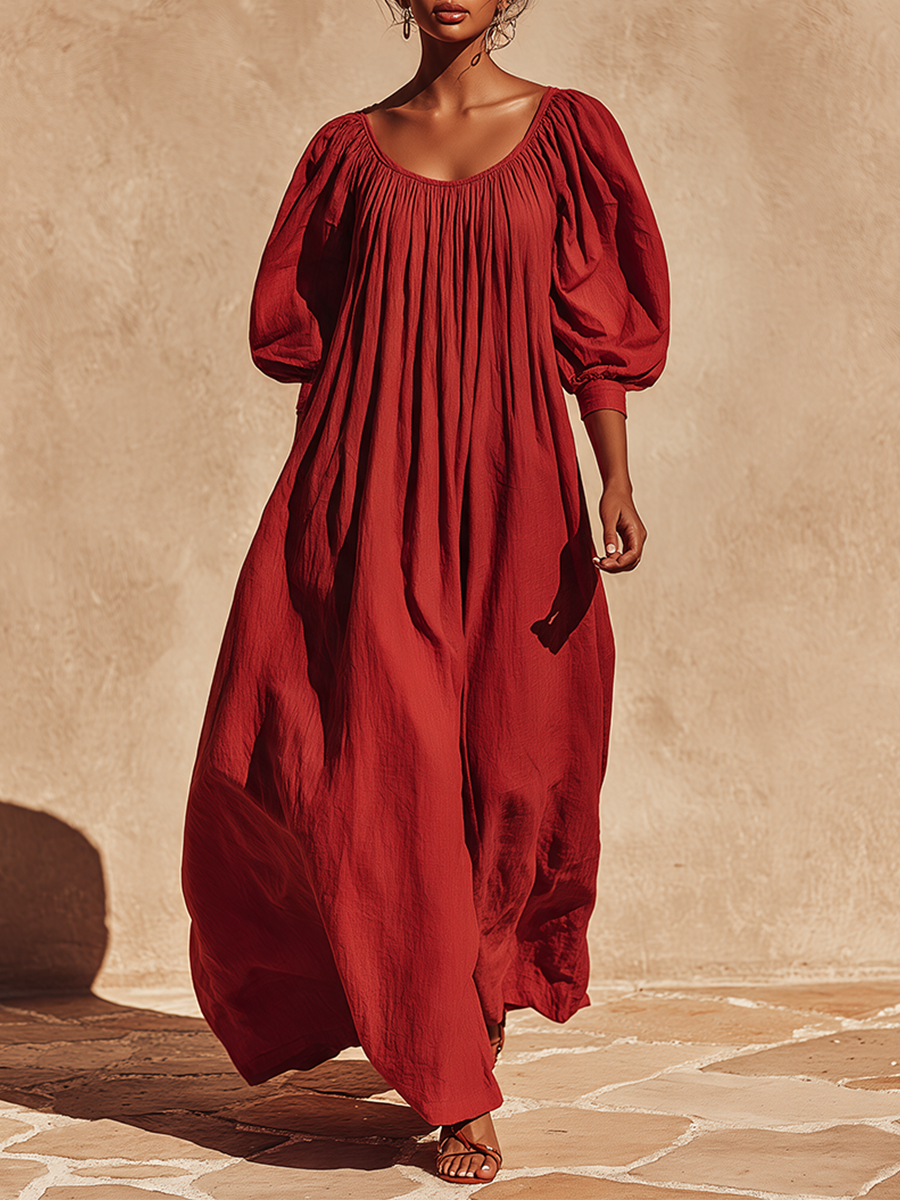 Women's Puff‑Sleeve Linen Vacation Maxi Dress MDZ2604H8LYL