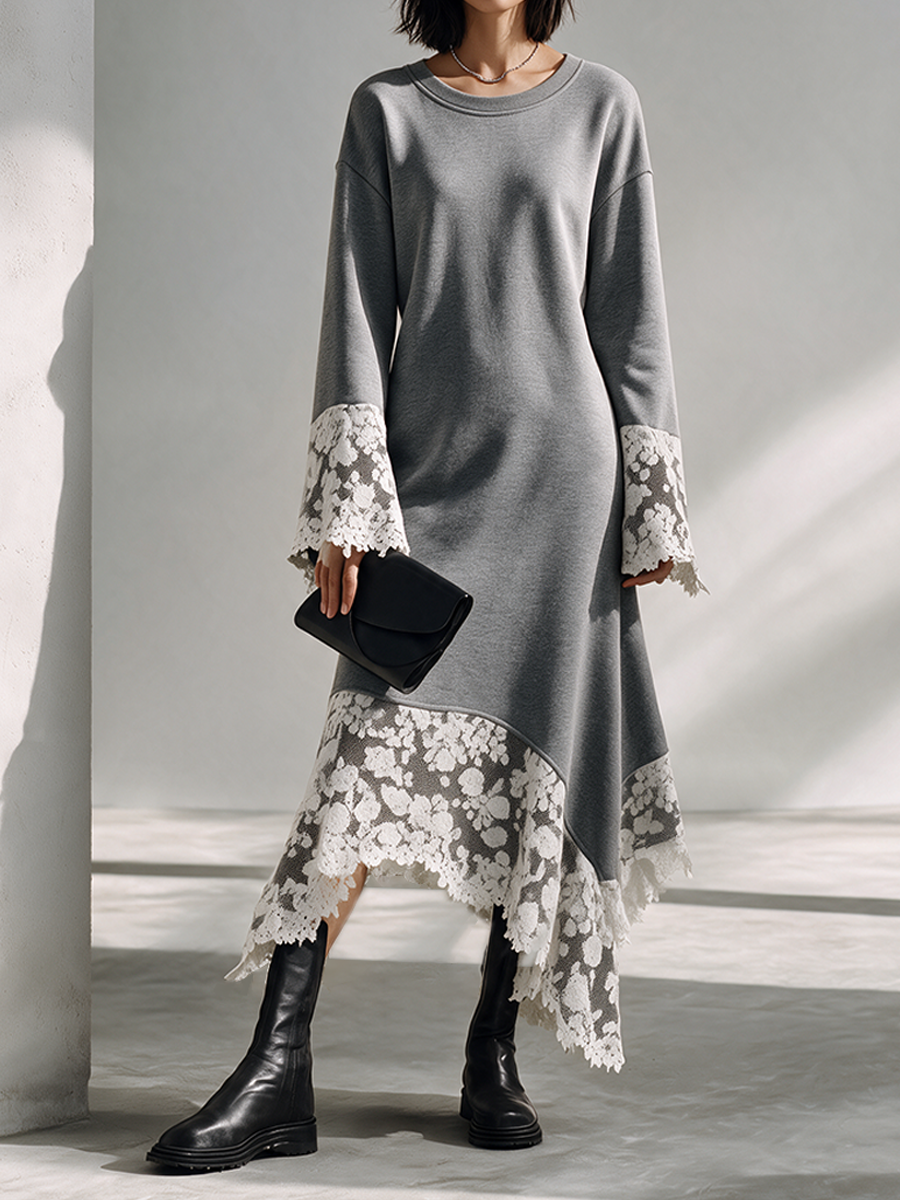 Women's Grey Cotton Long Dress With Lace-Paneled Asymmetric Hem MDZ2611H9ZRK