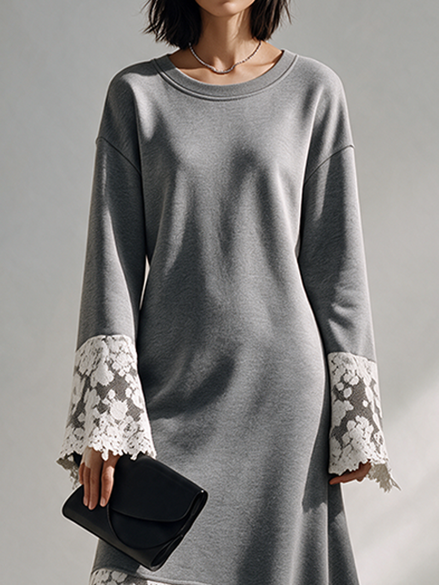 Women's Grey Cotton Long Dress With Lace-Paneled Asymmetric Hem MDZ2611H9ZRK