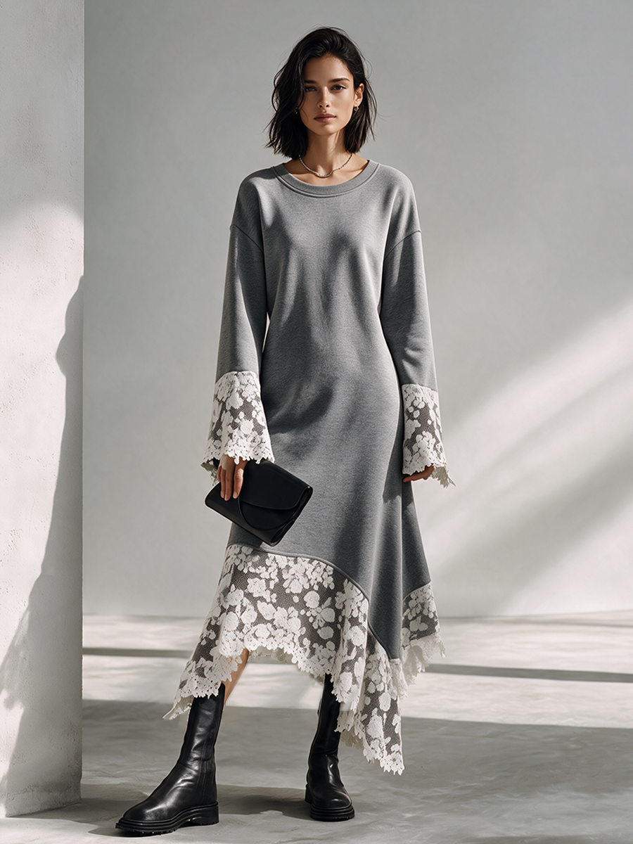 Women's Grey Cotton Long Dress With Lace-Paneled Asymmetric Hem MDZ2611H9ZRK