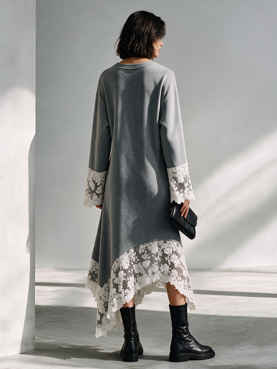 Women's Grey Cotton Long Dress With Lace-Paneled Asymmetric Hem MDZ2611H9ZRK