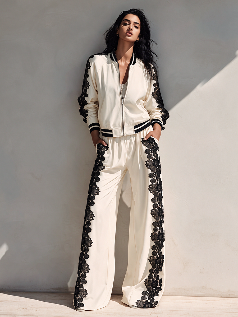 Women's Cropped Long-Sleeve Top & Wide-Leg Pants Set With Lace Paneling MDZ2628H1ZRK