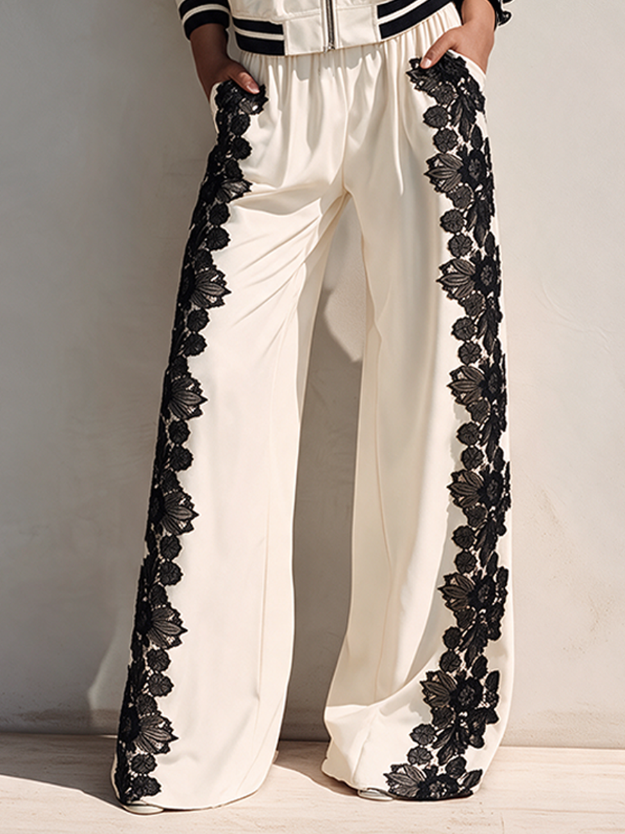 Women's Cropped Long-Sleeve Top & Wide-Leg Pants Set With Lace Paneling MDZ2628H1ZRK