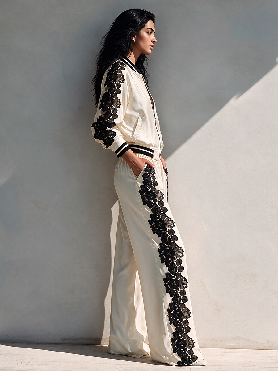 Women's Cropped Long-Sleeve Top & Wide-Leg Pants Set With Lace Paneling MDZ2628H1ZRK