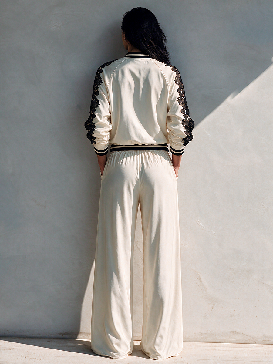 Women's Cropped Long-Sleeve Top & Wide-Leg Pants Set With Lace Paneling MDZ2628H1ZRK