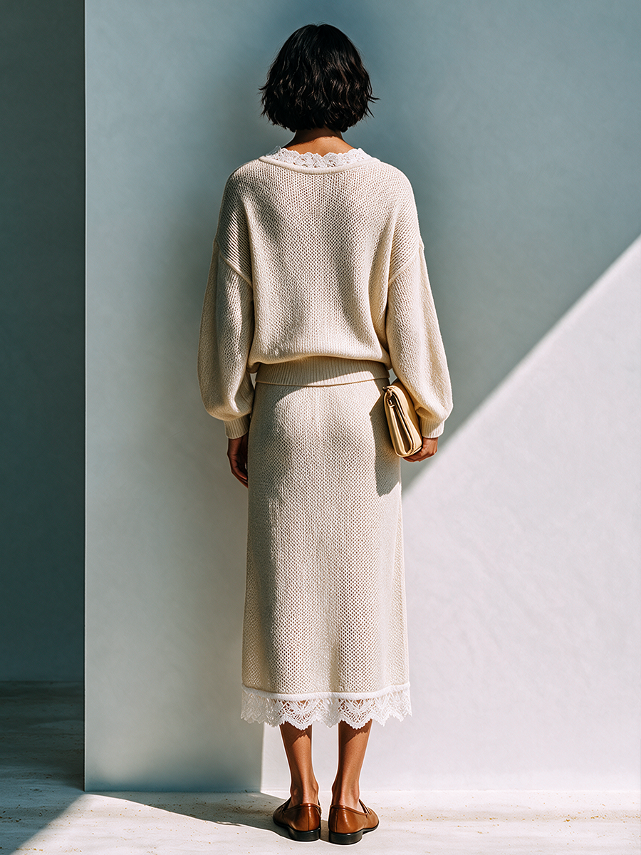 Women's Lace-Trimmed Knit Top And Midi Skirt Set MDZ2685H3ZRK