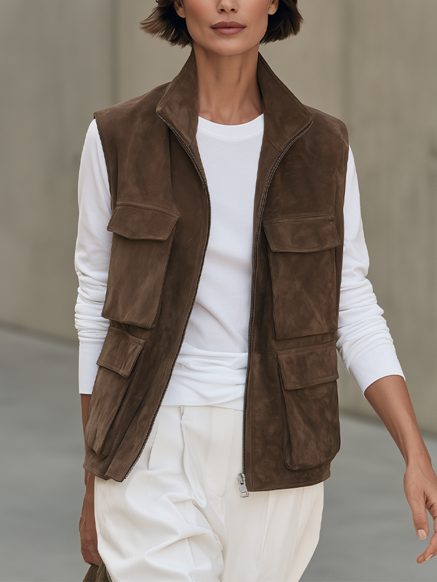 Women's Stand Collar Brown Utility Vest MDZ2665H6YZJ