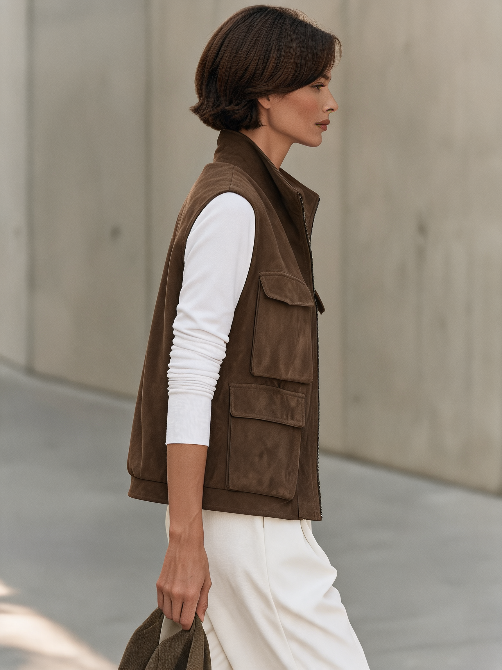 Women's Stand Collar Brown Utility Vest MDZ2665H6YZJ