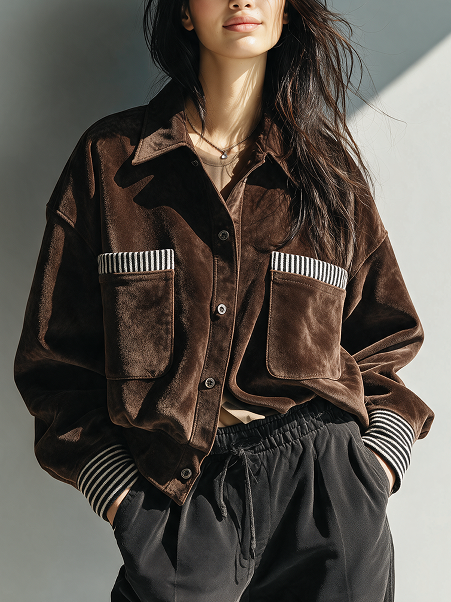 Women's Casual Striped-Panel Lapel Jacket MDZ2610H9ZRK