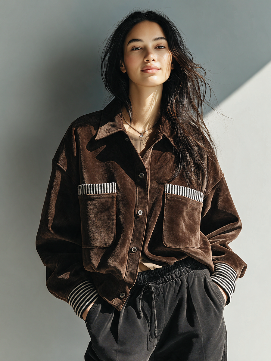 Women's Casual Striped-Panel Lapel Jacket MDZ2610H9ZRK