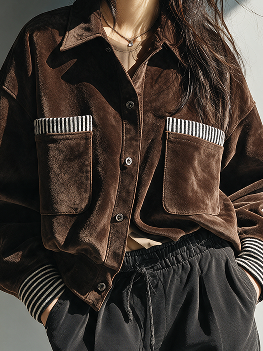 Women's Casual Striped-Panel Lapel Jacket MDZ2610H9ZRK