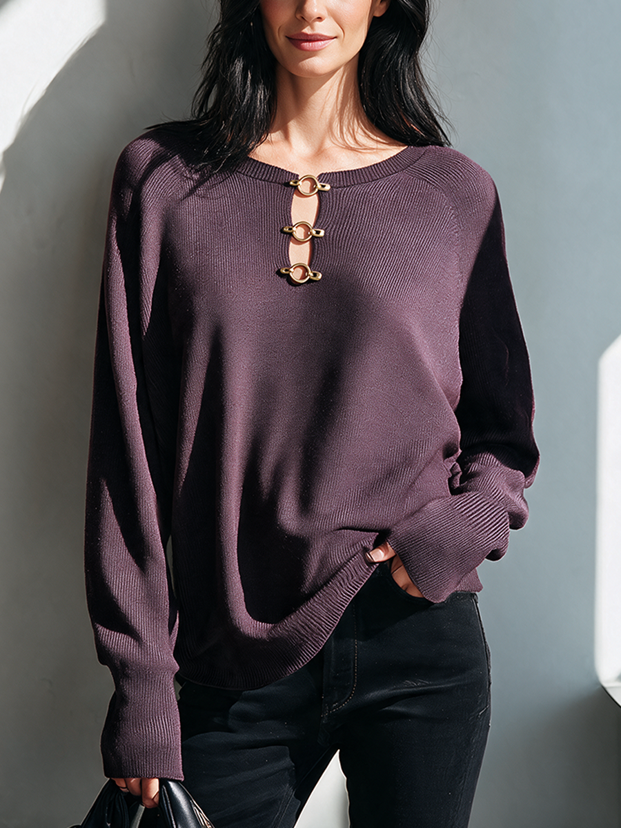 Women's Cut-Out Knit Top With Metal Buckle MDZ2633H3ZRK