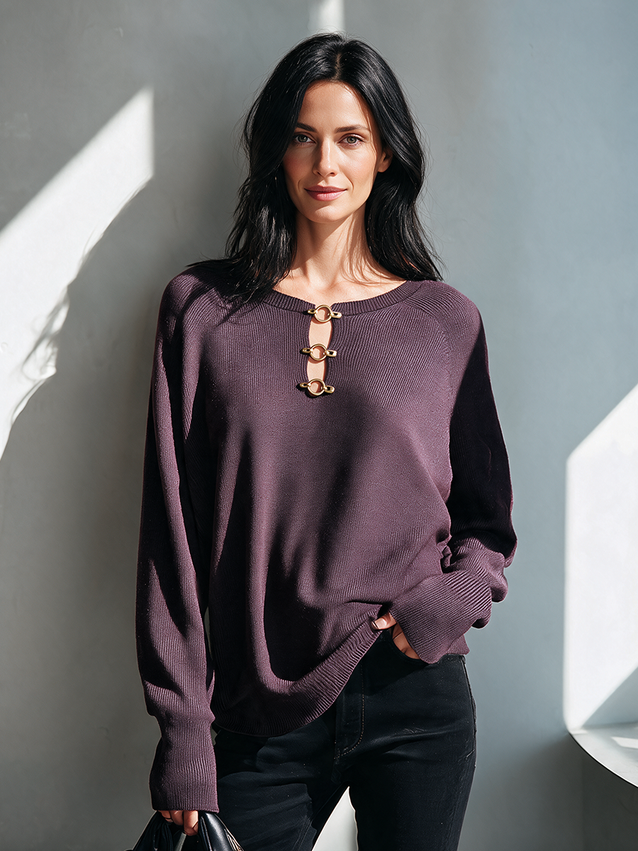 Women's Cut-Out Knit Top With Metal Buckle MDZ2633H3ZRK