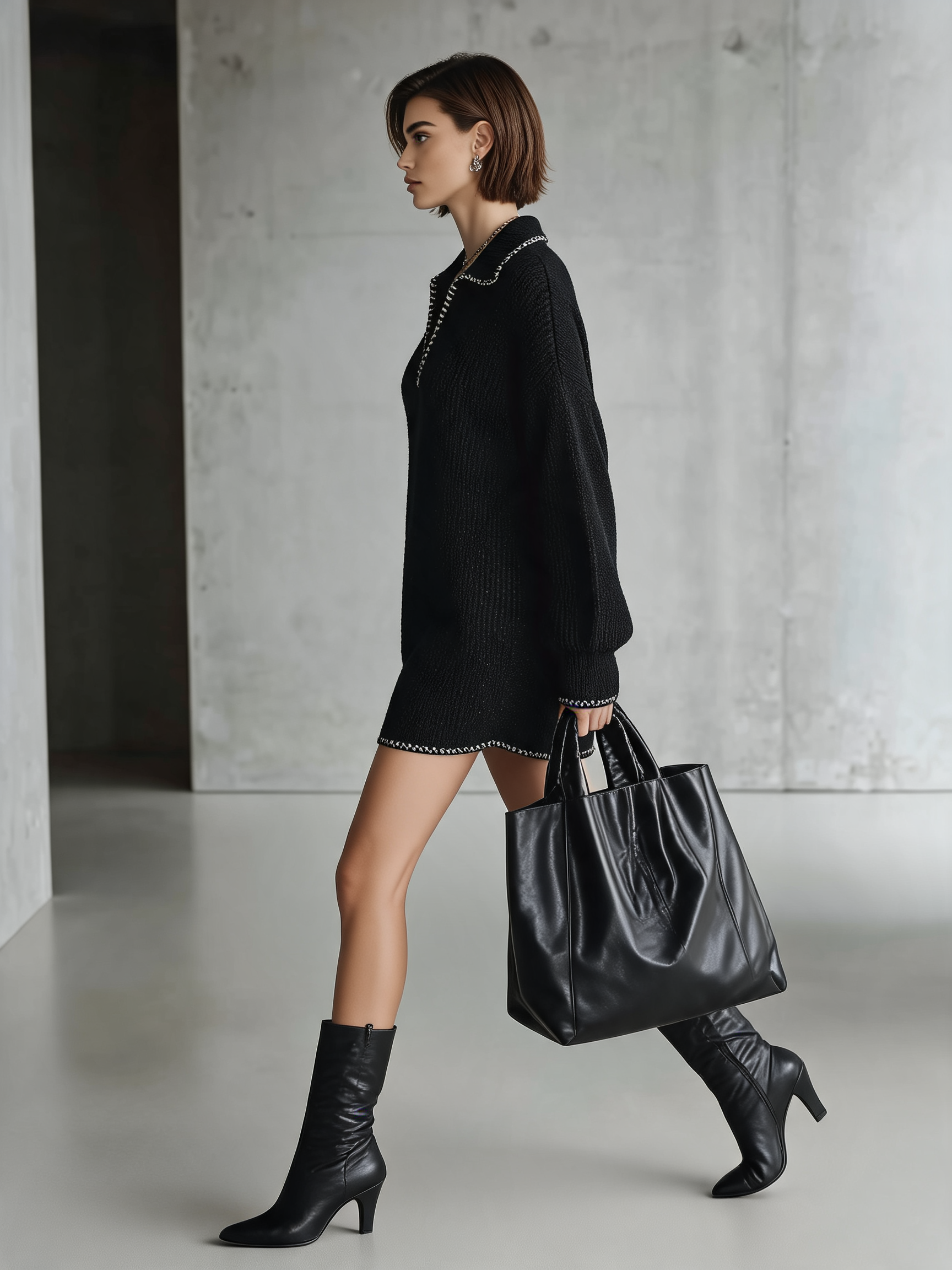 Women's Oversized Polo Collar Black Knit Mini Dress MDZ2672H3YZJ