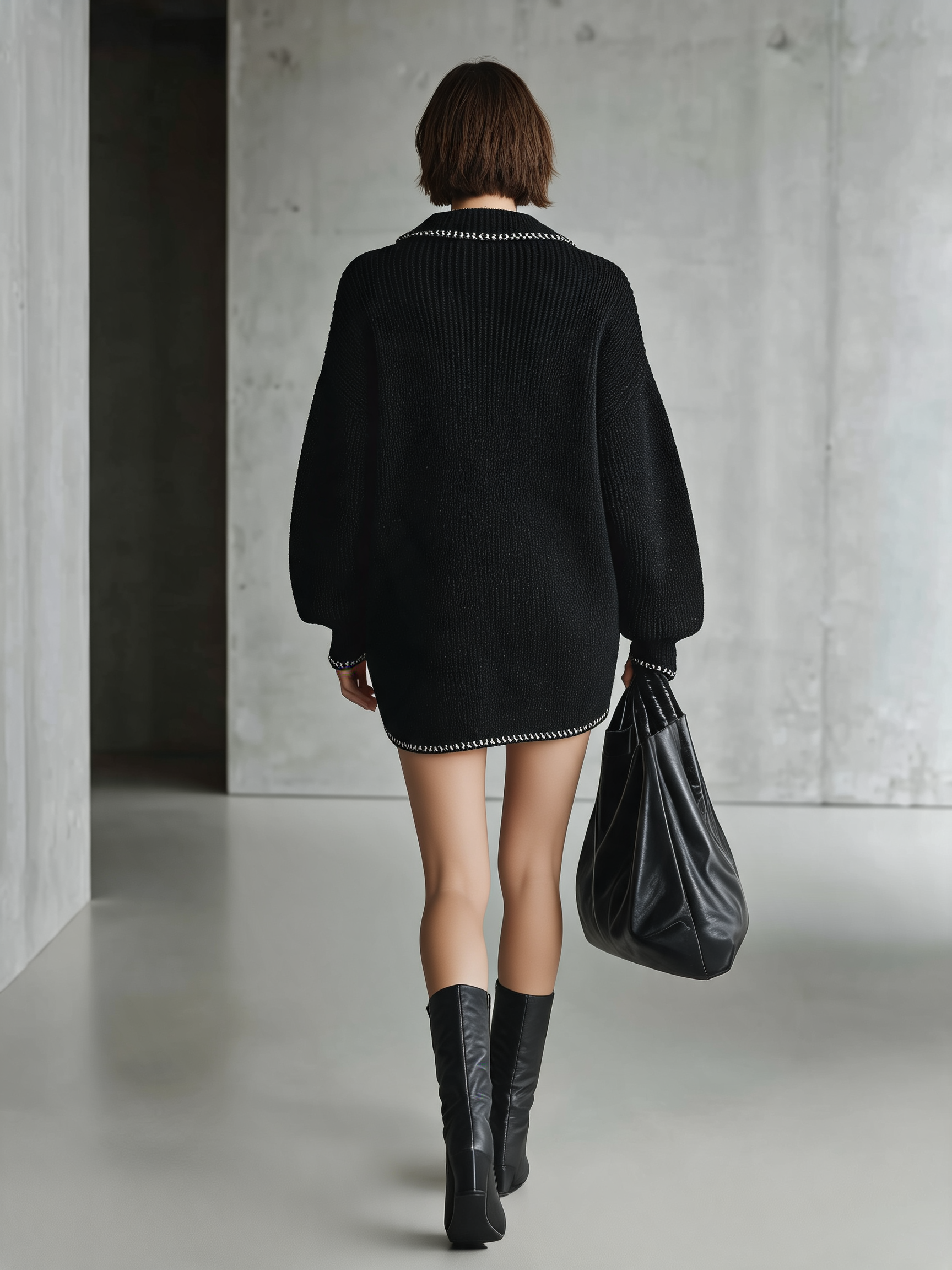 Women's Oversized Polo Collar Black Knit Mini Dress MDZ2672H3YZJ