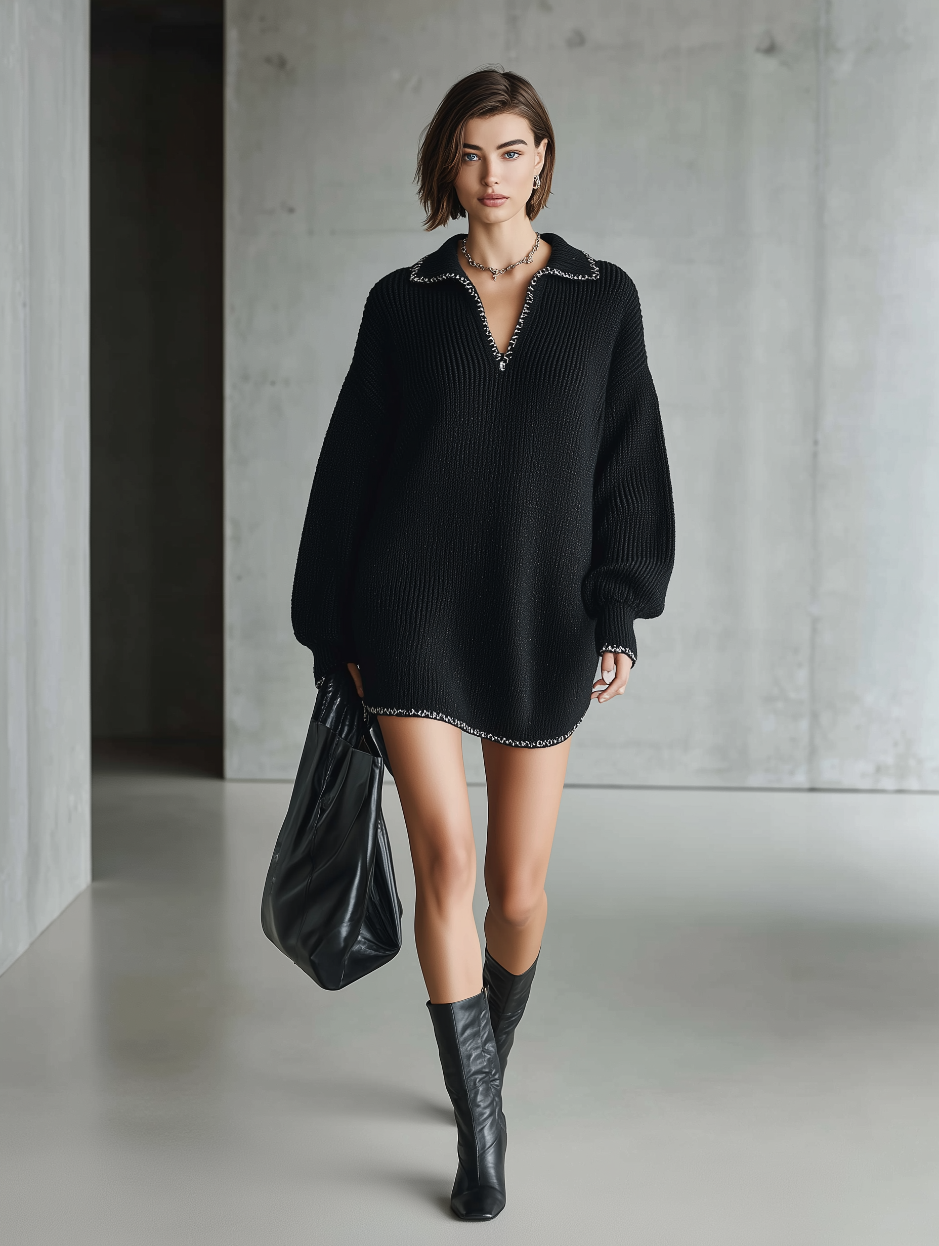 Women's Oversized Polo Collar Black Knit Mini Dress MDZ2672H3YZJ