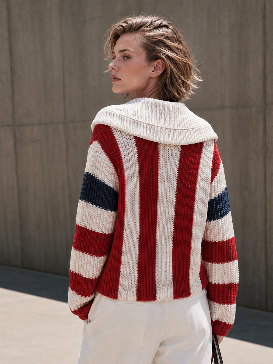 Women's Striped Shawl Collar Red White Navy Cardigan MDZ2734H7YZJ
