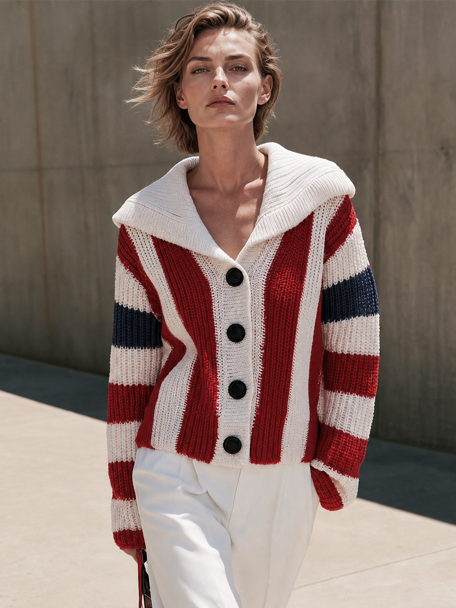 Women's Striped Shawl Collar Red White Navy Cardigan MDZ2734H7YZJ