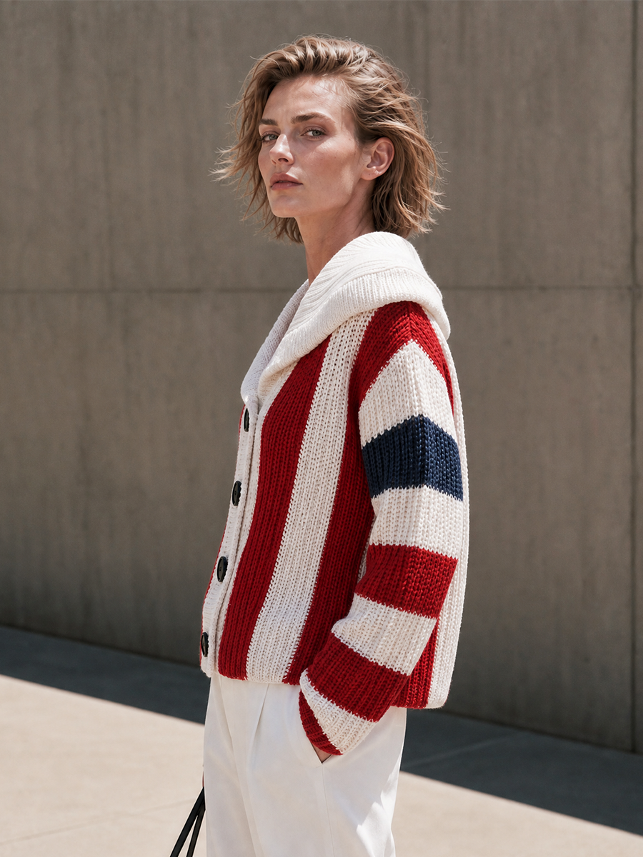 Women's Striped Shawl Collar Red White Navy Cardigan MDZ2734H7YZJ