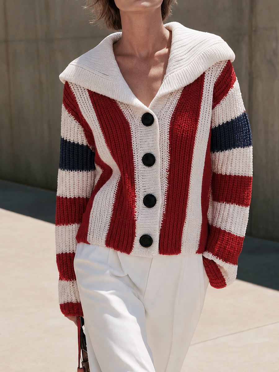 Women's Striped Shawl Collar Red White Navy Cardigan MDZ2734H7YZJ