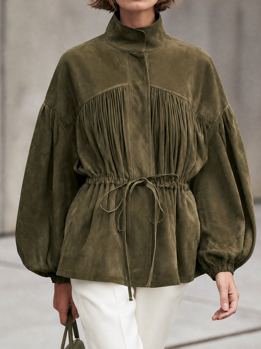 Women's Balloon Sleeve Drawstring Olive Jacket MDZ2739H1YZJ