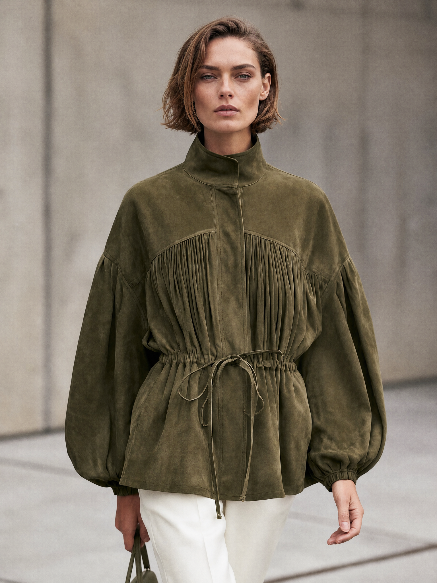 Women's Balloon Sleeve Drawstring Olive Jacket MDZ2739H1YZJ