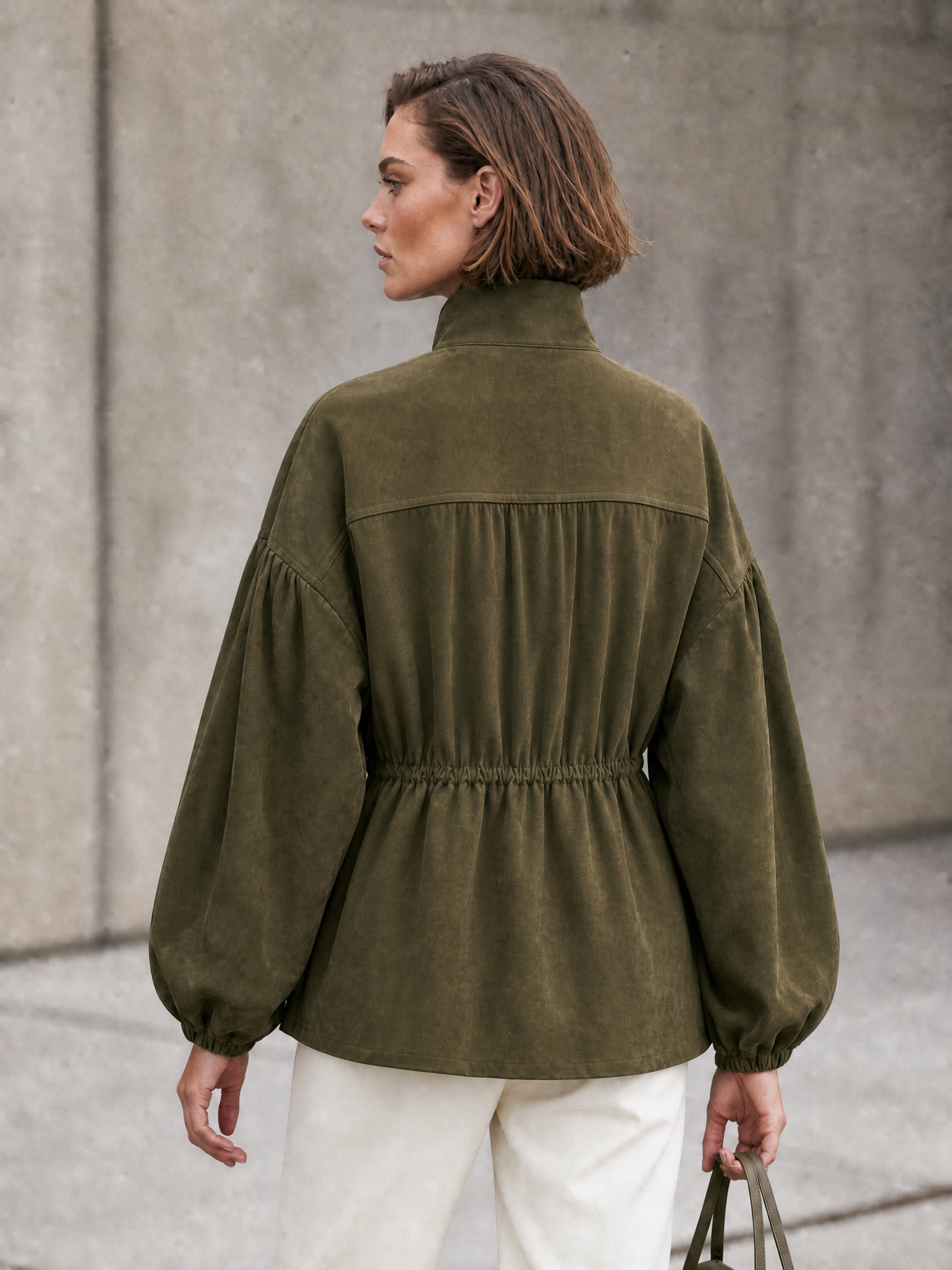 Women's Balloon Sleeve Drawstring Olive Jacket MDZ2739H1YZJ