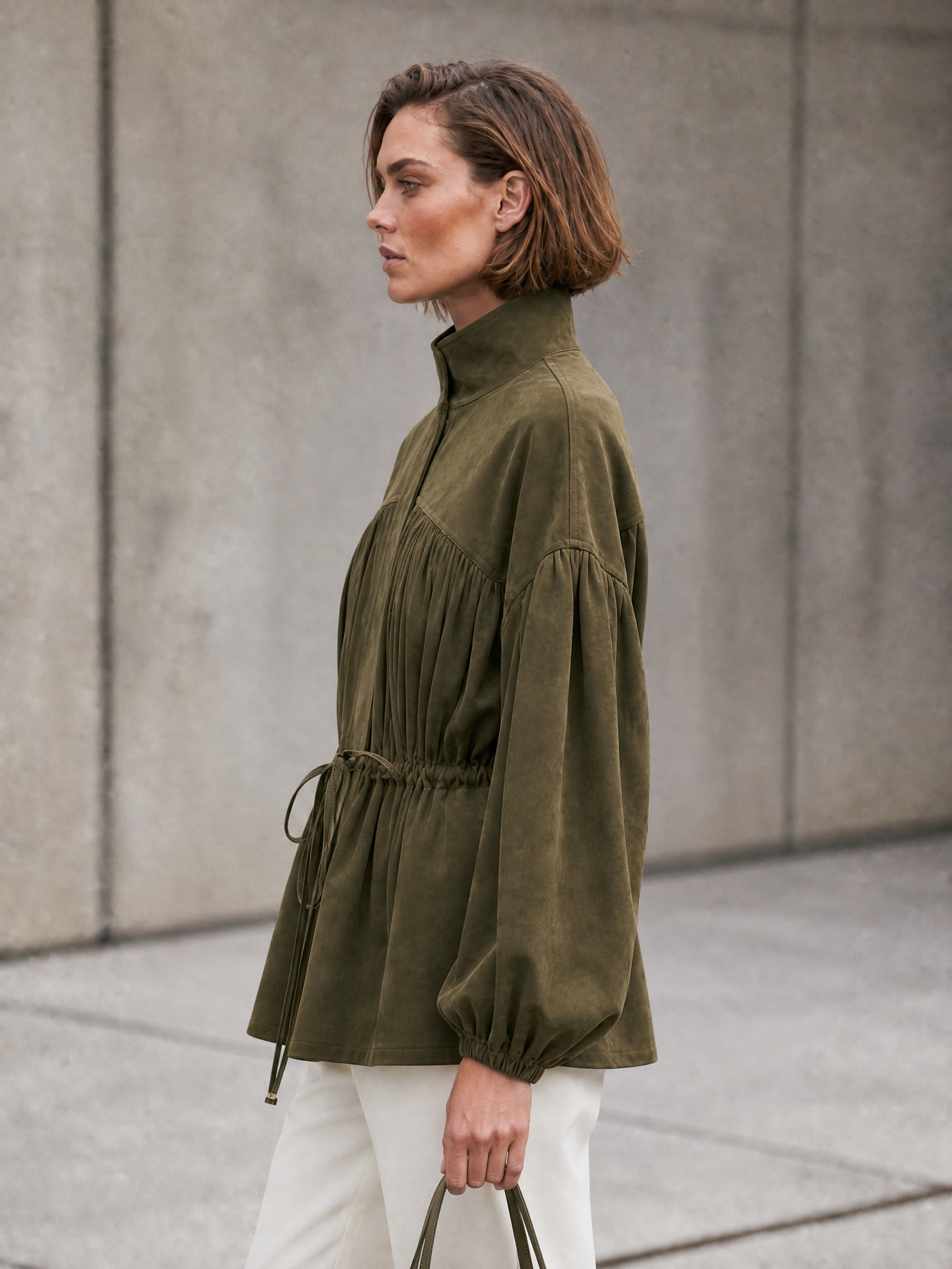 Women's Balloon Sleeve Drawstring Olive Jacket MDZ2739H1YZJ