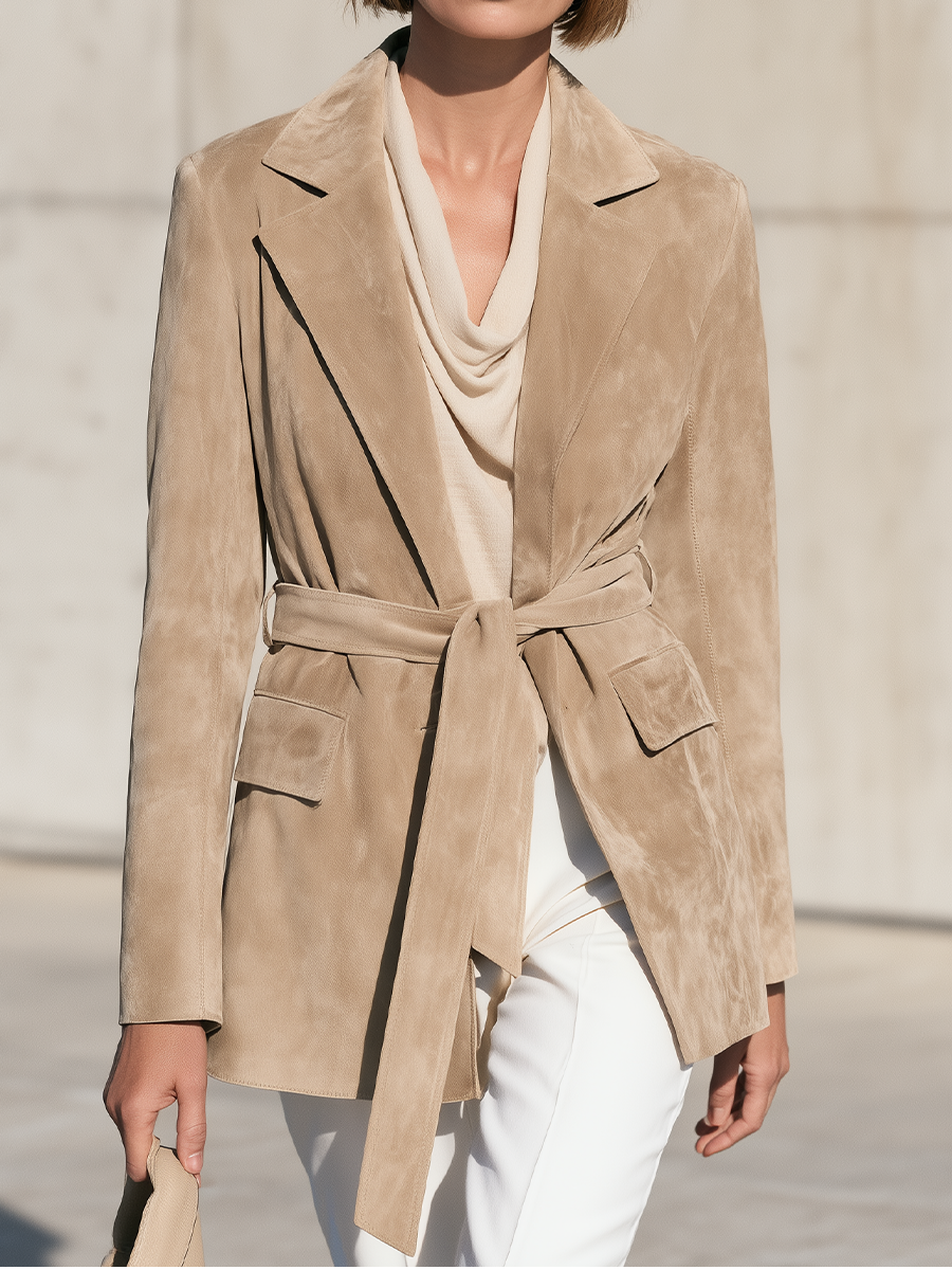 Women's Notched Lapel Belted Beige Blazer MDZ2710H7YZJ