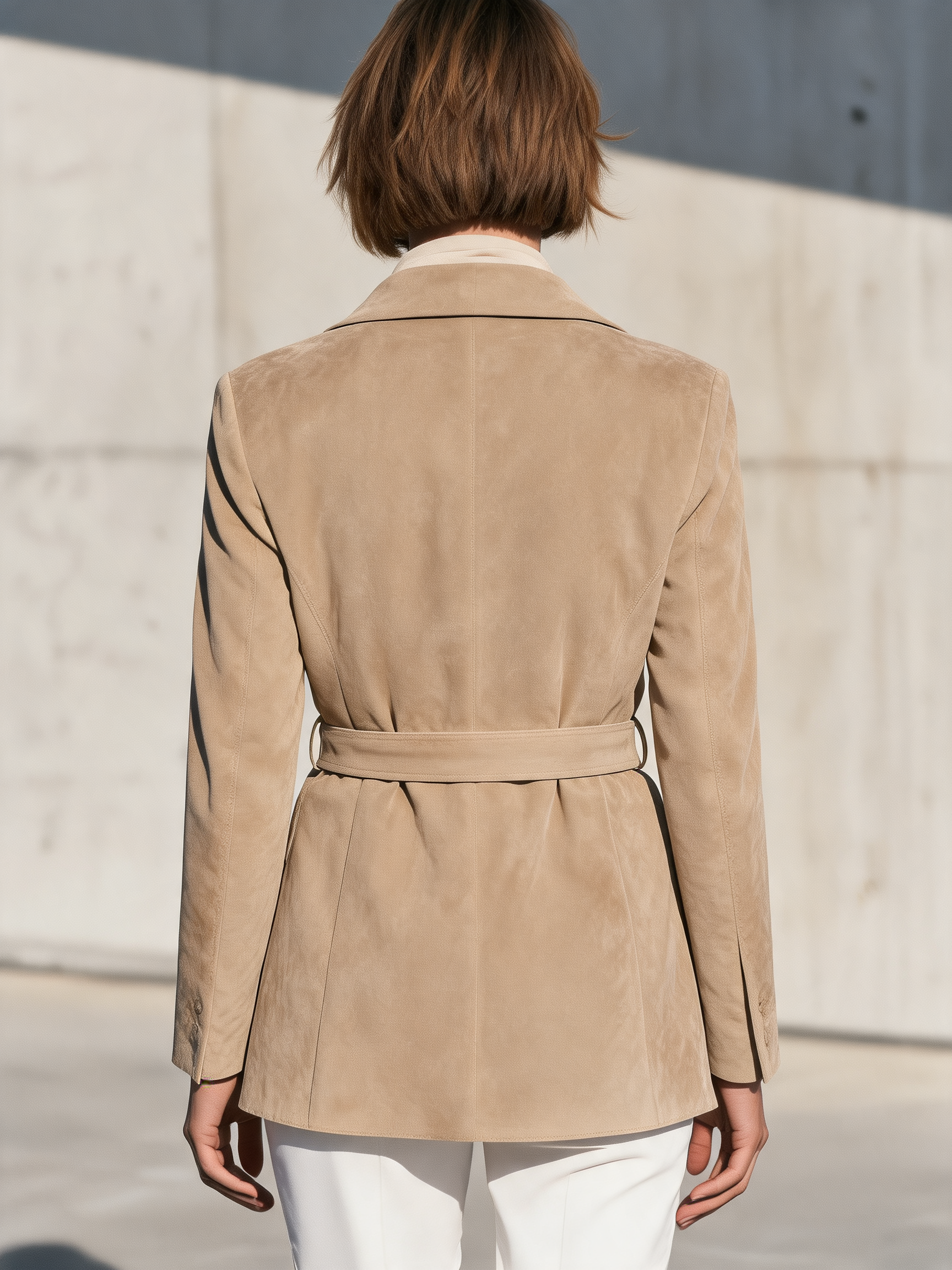 Women's Notched Lapel Belted Beige Blazer MDZ2710H7YZJ