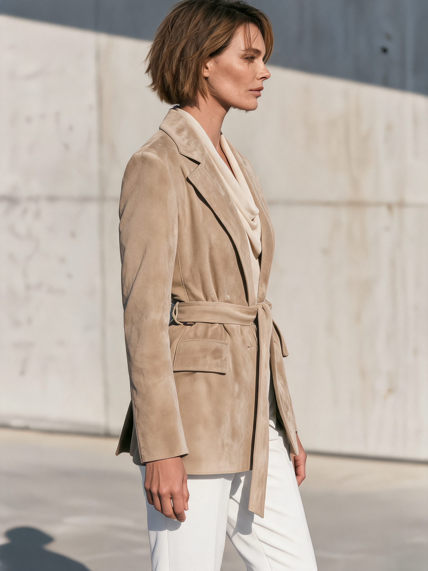 Women's Notched Lapel Belted Beige Blazer MDZ2710H7YZJ