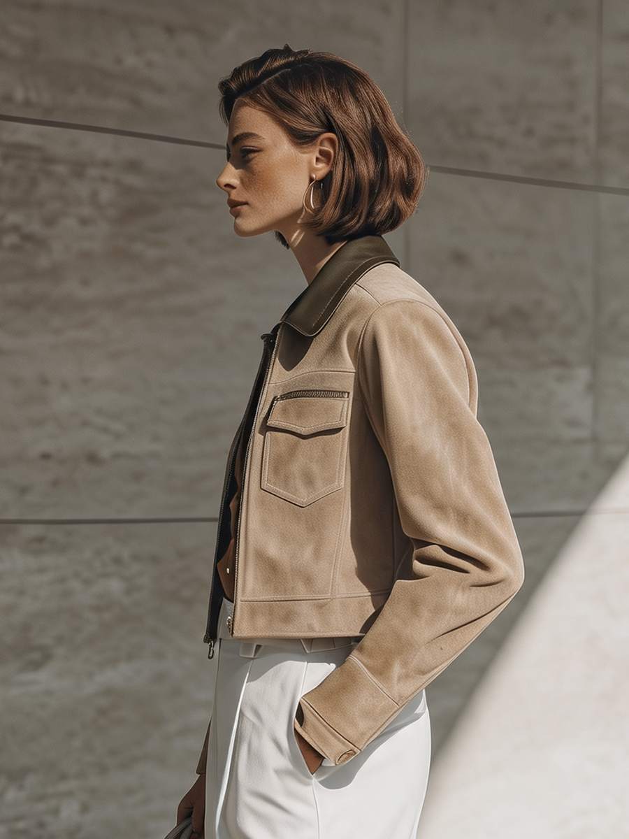 Women's Collared Zip Front Pocket Khaki Jacket MDZ2747H9YZJ
