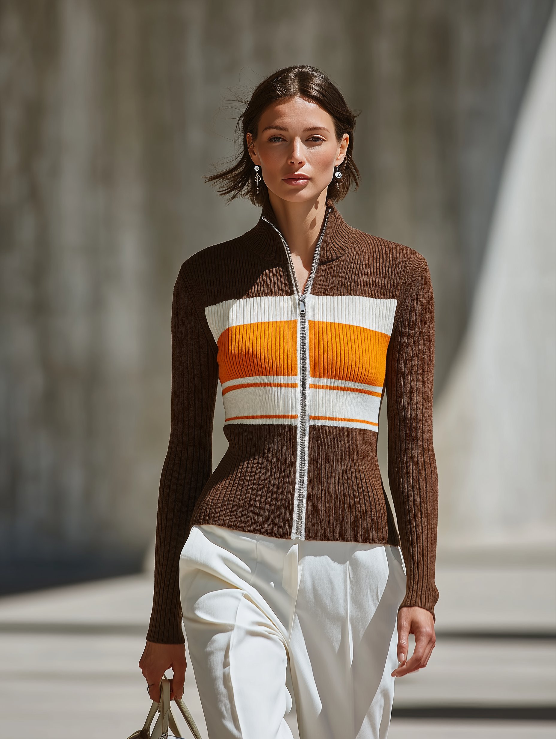 Women's Long Sleeve Colorblock Brown Zip Cardigan MDZ2795H2YZJ