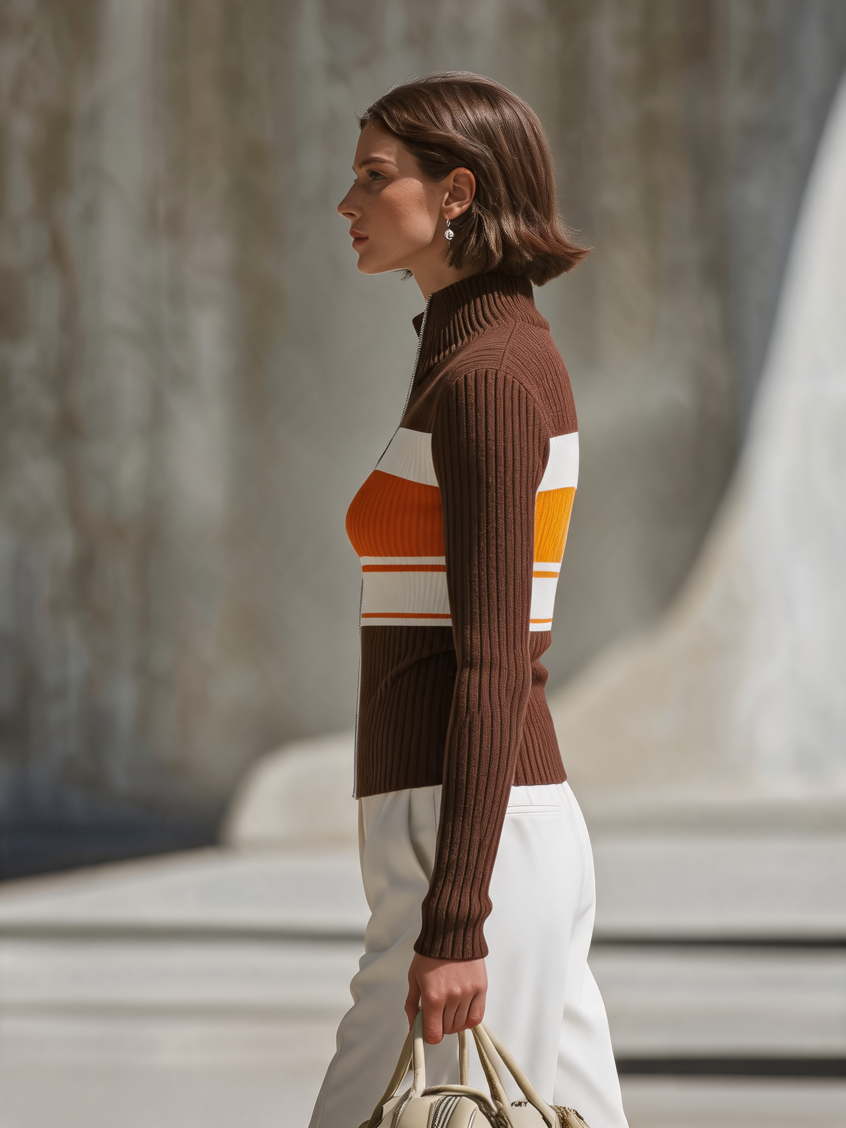 Women's Long Sleeve Colorblock Brown Zip Cardigan MDZ2795H2YZJ