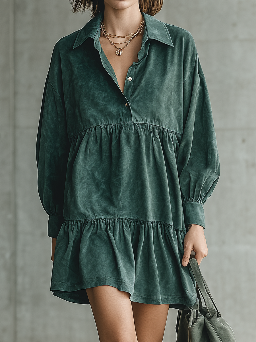 Women's Long Sleeve Tiered Ruffle Green Mini Dress MDZ2742H7YZJ