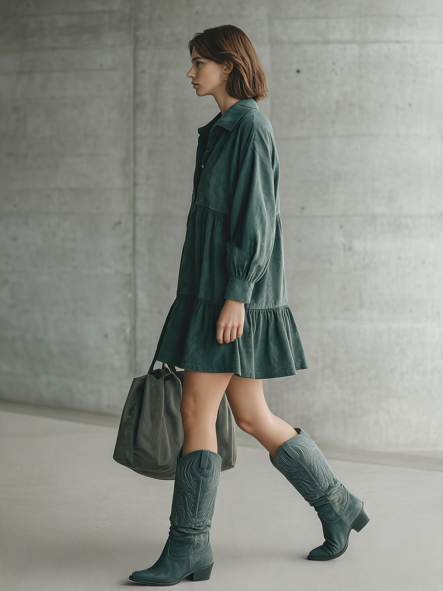 Women's Long Sleeve Tiered Ruffle Green Mini Dress MDZ2742H7YZJ