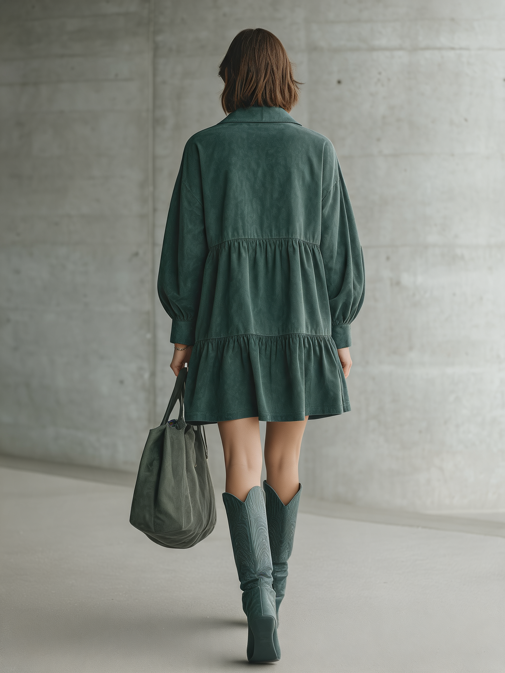 Women's Long Sleeve Tiered Ruffle Green Mini Dress MDZ2742H7YZJ