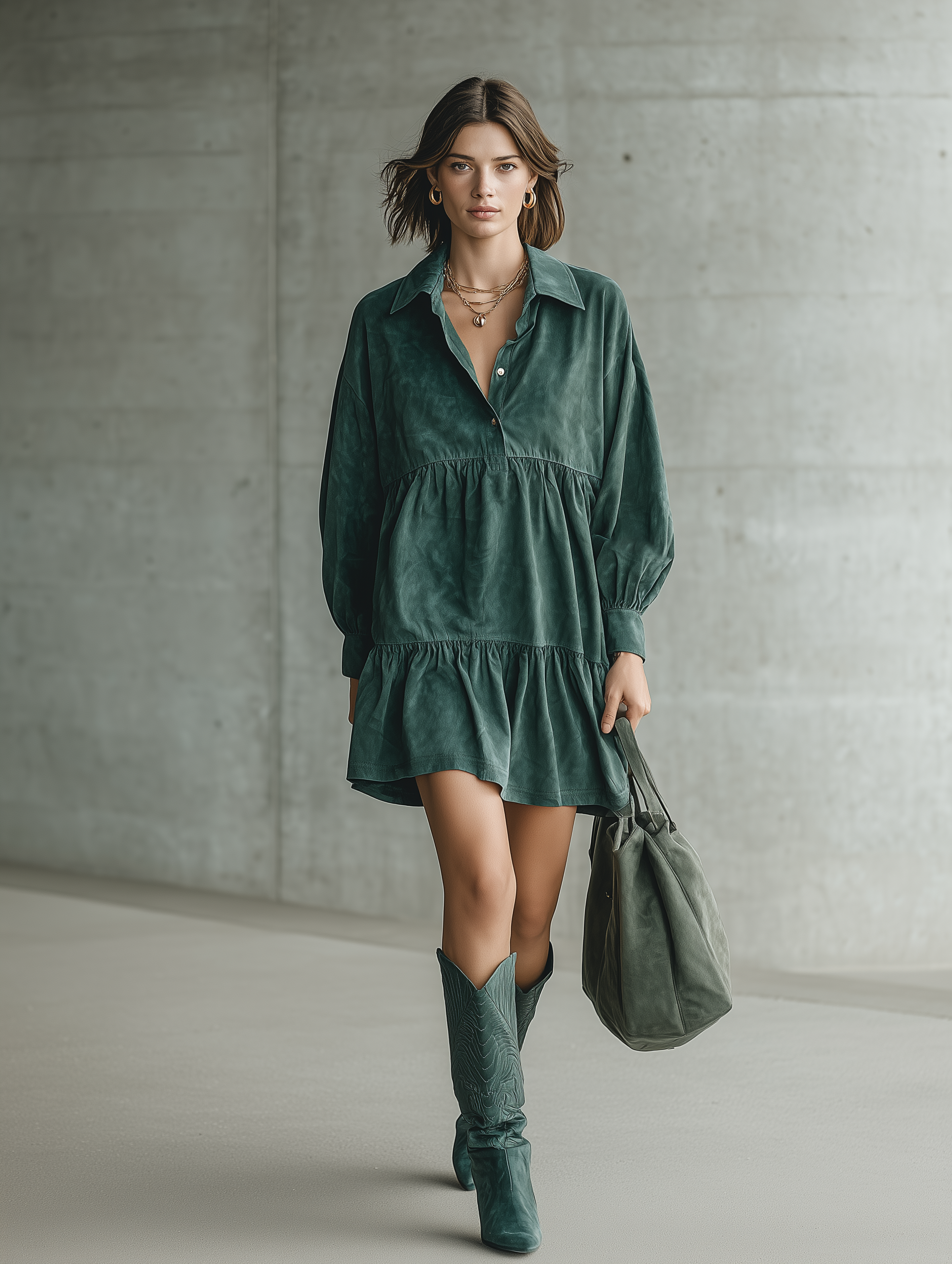 Women's Long Sleeve Tiered Ruffle Green Mini Dress MDZ2742H7YZJ