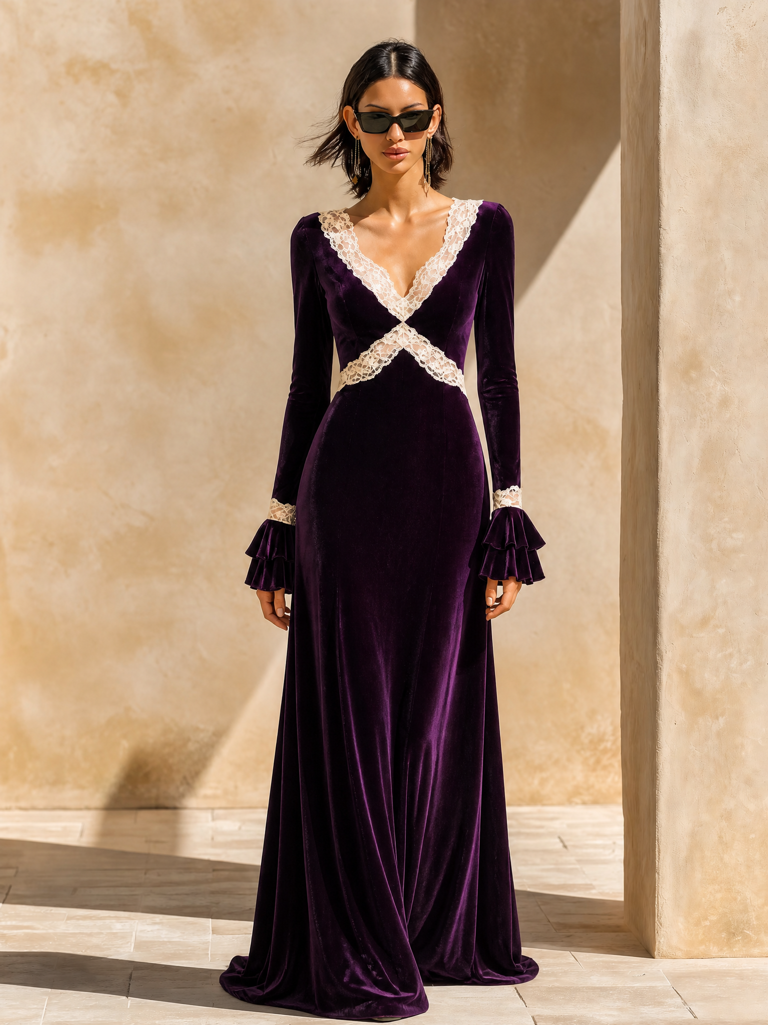 Women's Lace‑Trim Velvet Formal Maxi Dress MDZ2789H2LYL