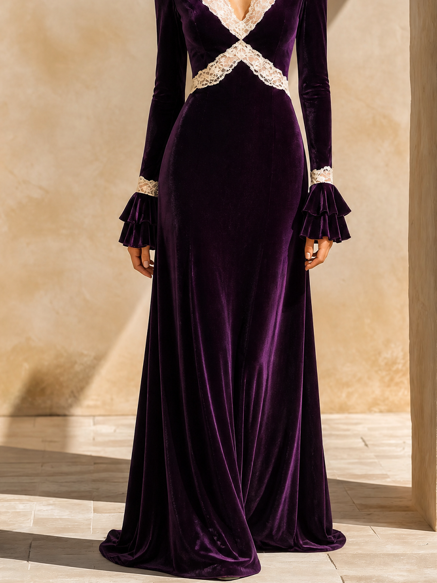 Women's Lace‑Trim Velvet Formal Maxi Dress MDZ2789H2LYL