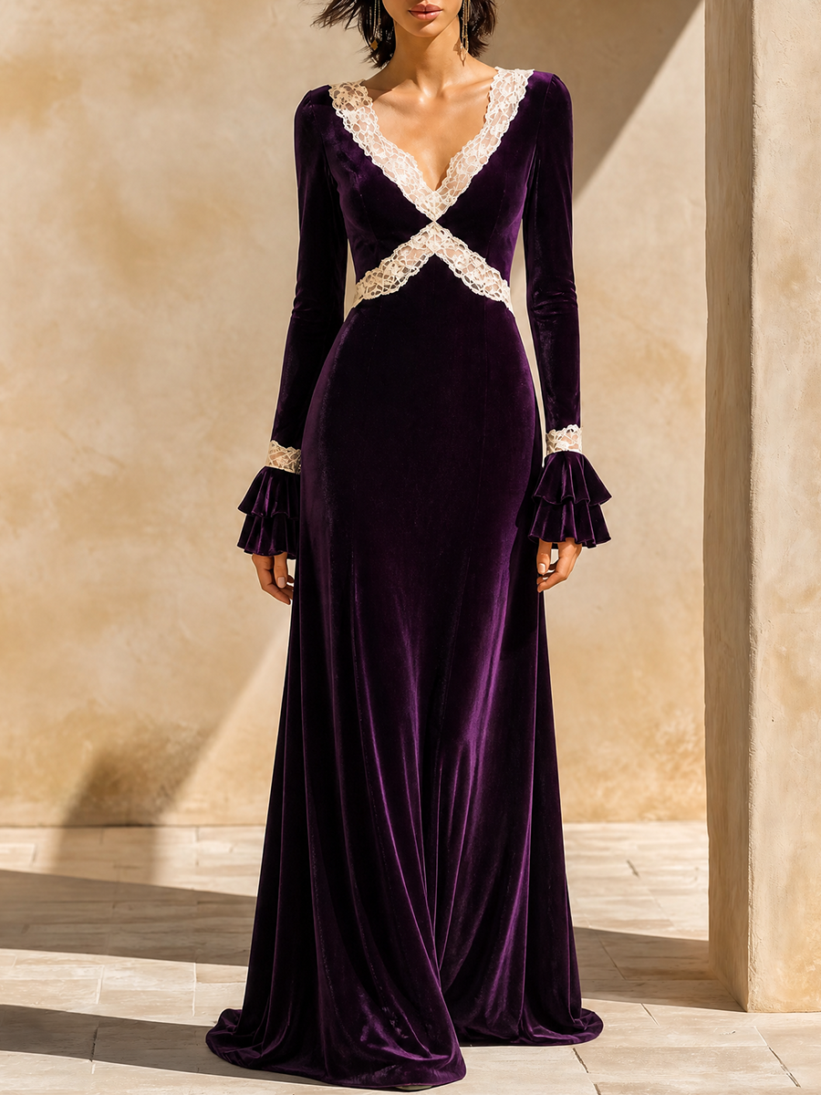 Women's Lace‑Trim Velvet Formal Maxi Dress MDZ2789H2LYL